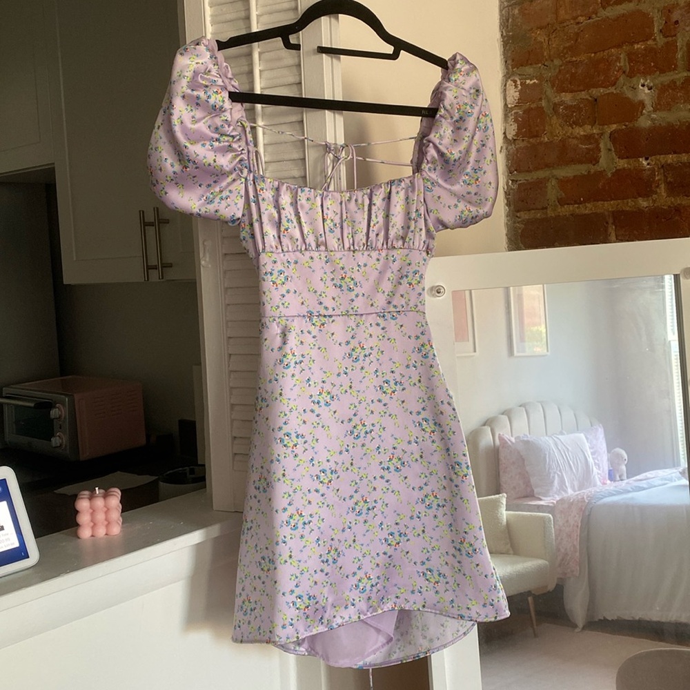 Zara Lilac Floral Puff Sleeve Fit and Flare Mini Dress